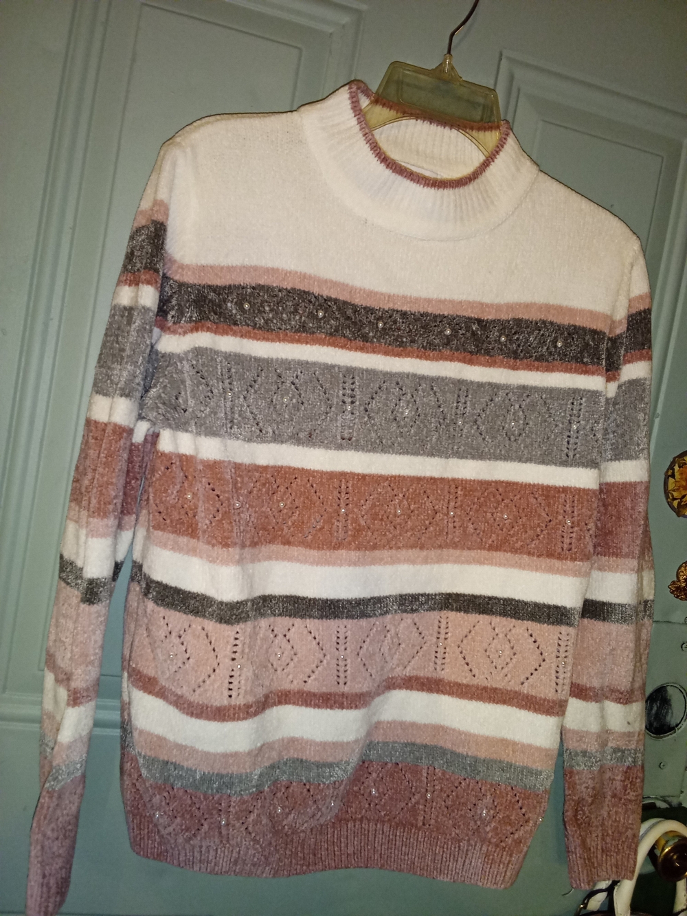 Alfred Dunner Striped Turtleneck Sweater - Pink, Gray, White